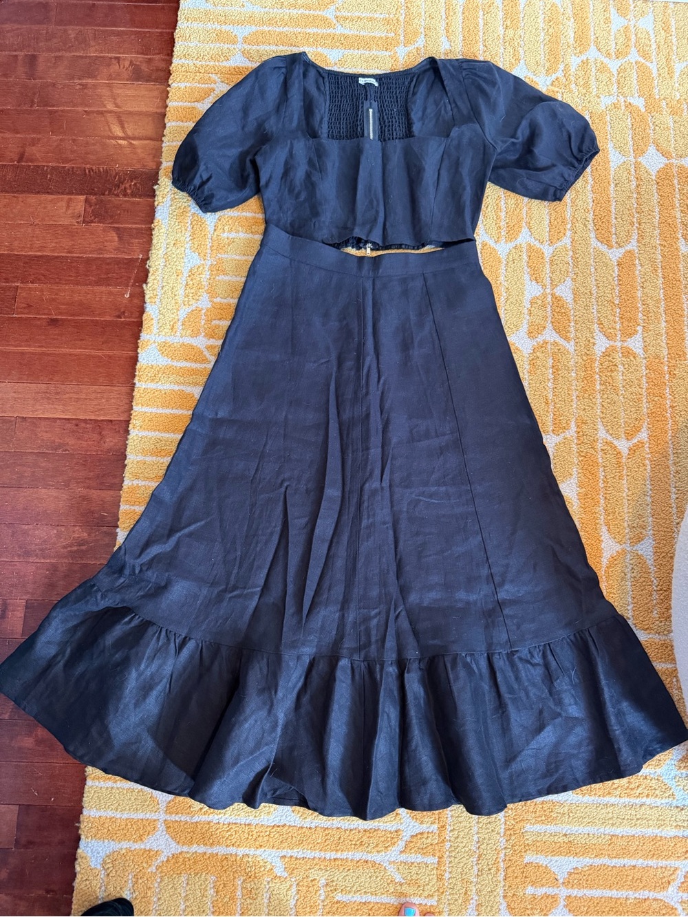 Reformation Black Linen Two-Piece Maxi Set with Puff Sleeves